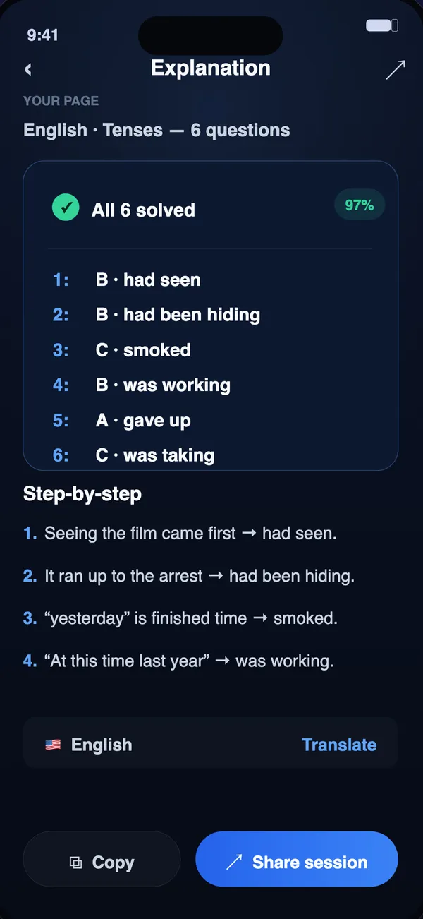AI Solve Quiz app showing a step-by-step explanation of a solved question