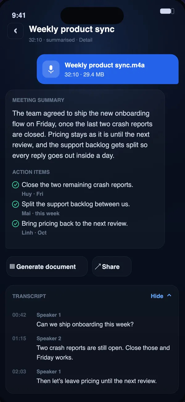 AI Solve Quiz meeting summary with action items and transcript