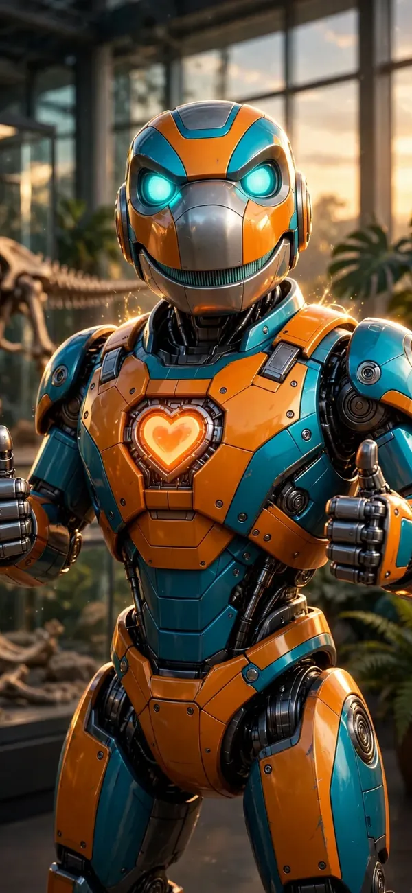 Robo-Rex, an original HeroCall hero with a heart on its chest
